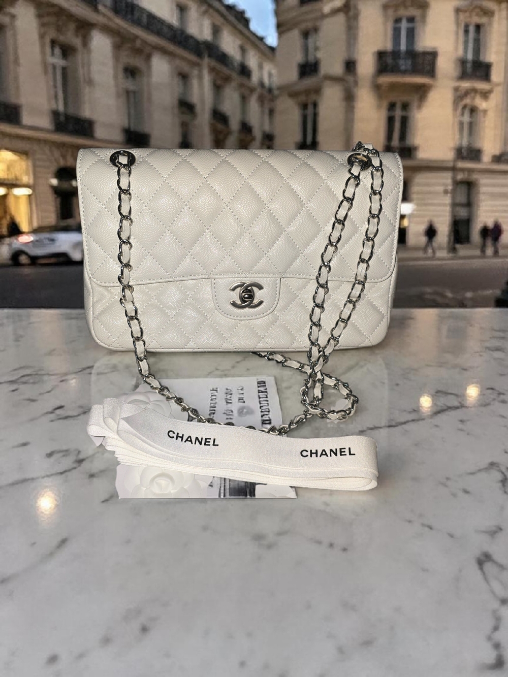 Classic White Quilted Lambskin Shoulder Bag with Silver Chain With Twilly